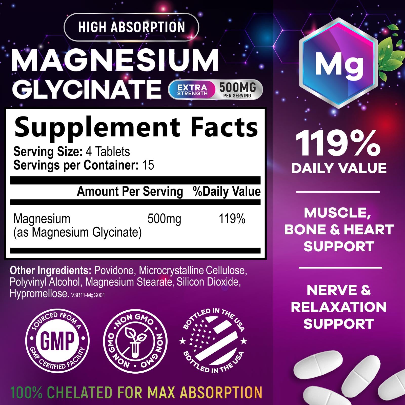 Magnesium Glycinate Supplement - 500mg Magnesium Per Serving - 100% Chelated & Purified - Supports Sleep, Heart Health, & Muscle Strength - Best Absorption Magnesium, Bottled in USA - 60 Tablets - TrustMedUSA