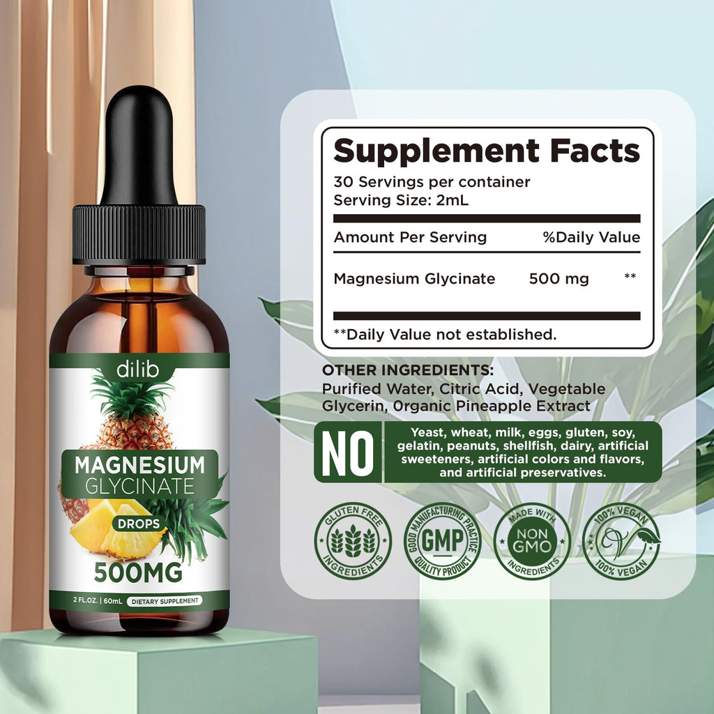 Magnesium Glycinate Supplement, Liquid Magnesium Glycinate Liquid Drops 500mg-Support Stress Relief, Relaxation, Mood, Sleep, Bone & Muscle-2 Fl Oz, Vegan, Pineapple Flavor - TrustMedUSA