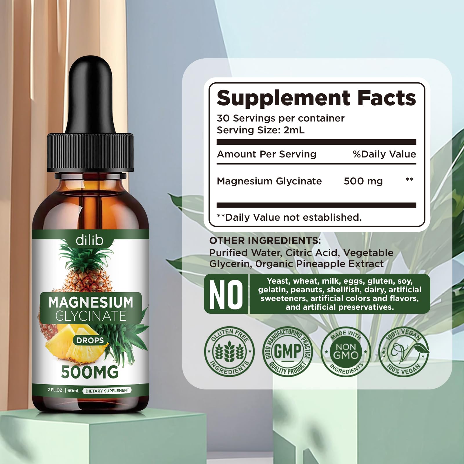 Magnesium Glycinate Supplement, Liquid Magnesium Glycinate Liquid Drops 500mg-Support Stress Relief, Relaxation, Mood, Sleep, Bone & Muscle-2 Fl Oz, Vegan, Pineapple Flavor - TrustMedUSA