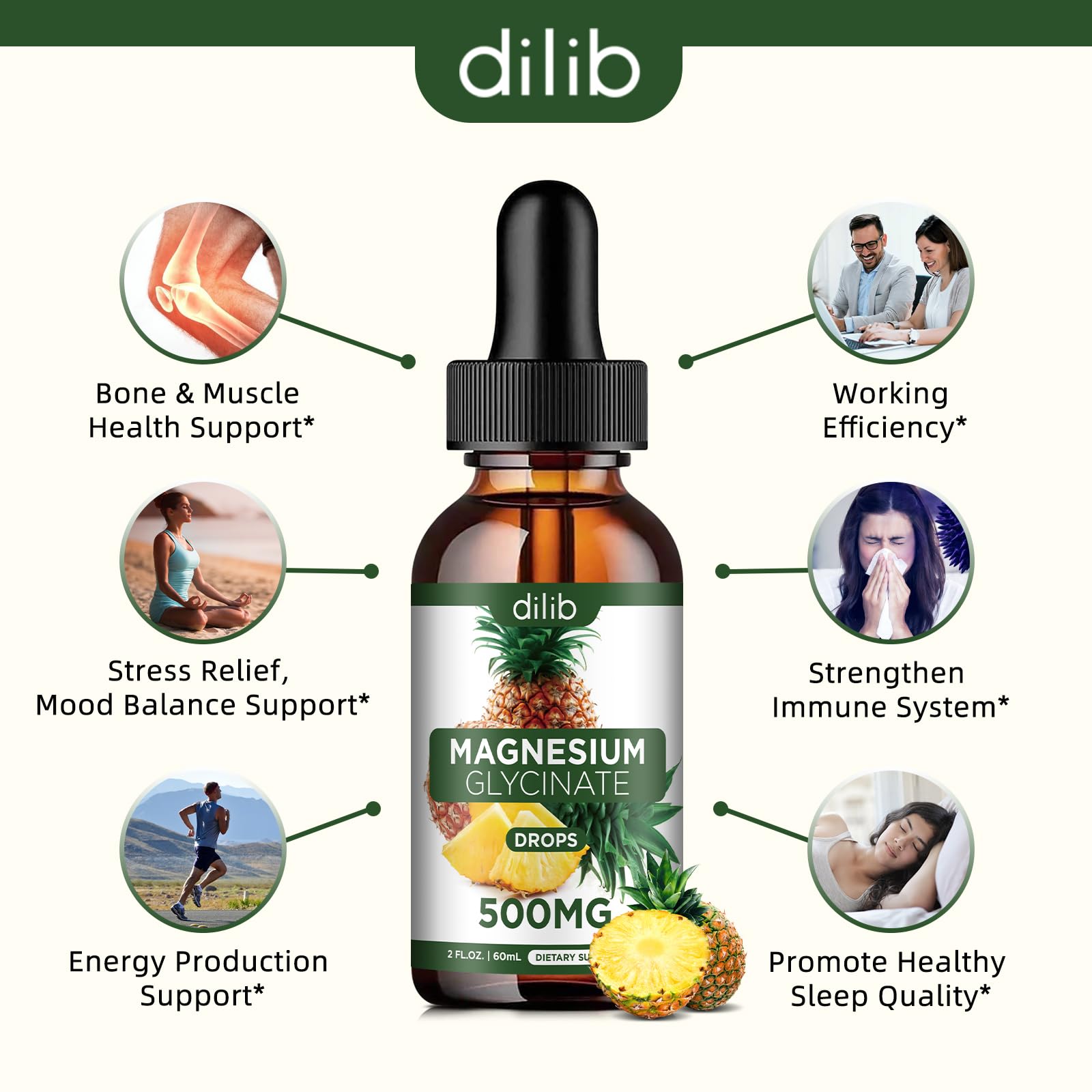 Magnesium Glycinate Supplement, Liquid Magnesium Glycinate Liquid Drops 500mg-Support Stress Relief, Relaxation, Mood, Sleep, Bone & Muscle-2 Fl Oz, Vegan, Pineapple Flavor - TrustMedUSA