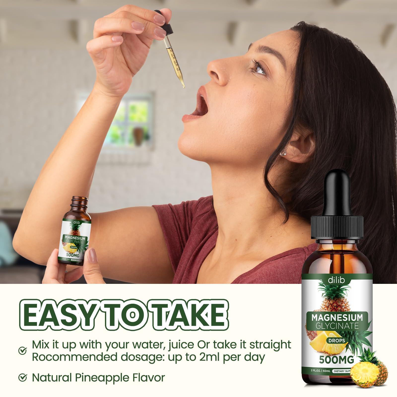 Magnesium Glycinate Supplement, Liquid Magnesium Glycinate Liquid Drops 500mg-Support Stress Relief, Relaxation, Mood, Sleep, Bone & Muscle-2 Fl Oz, Vegan, Pineapple Flavor - TrustMedUSA
