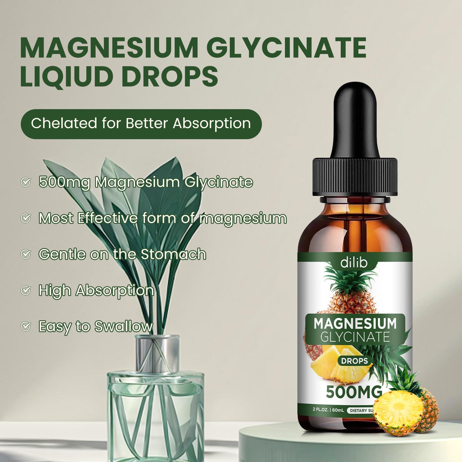 Magnesium Glycinate Supplement, Liquid Magnesium Glycinate Liquid Drops 500mg-Support Stress Relief, Relaxation, Mood, Sleep, Bone & Muscle-2 Fl Oz, Vegan, Pineapple Flavor - TrustMedUSA