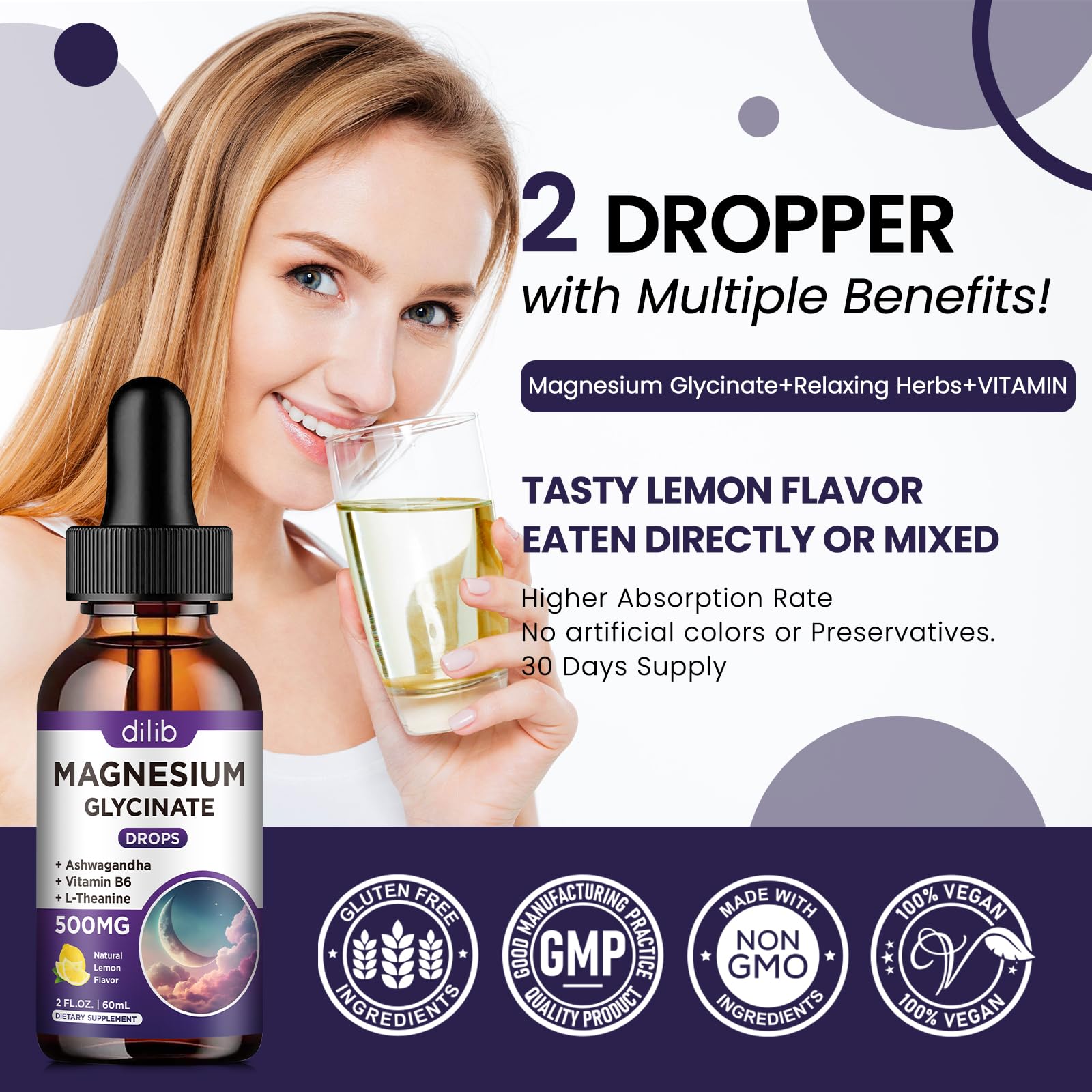 Magnesium Glycinate Supplement, Magnesium Liquid Drops with Magnesium Glycinate 500mg Vitamin B6, Ashwagandha, L - Theanine, Chamomile - TrustMedUSA