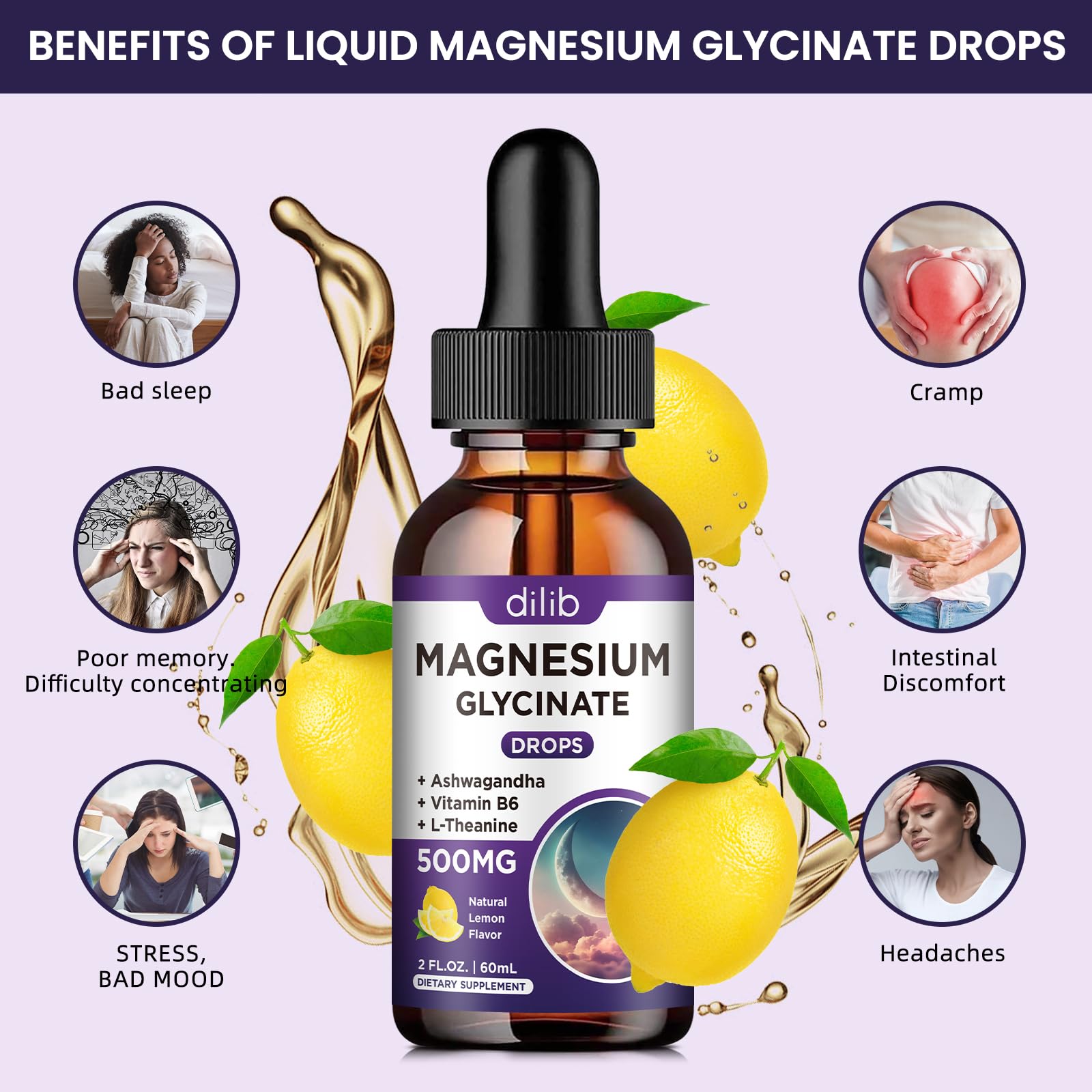 Magnesium Glycinate Supplement, Magnesium Liquid Drops with Magnesium Glycinate 500mg Vitamin B6, Ashwagandha, L - Theanine, Chamomile - TrustMedUSA