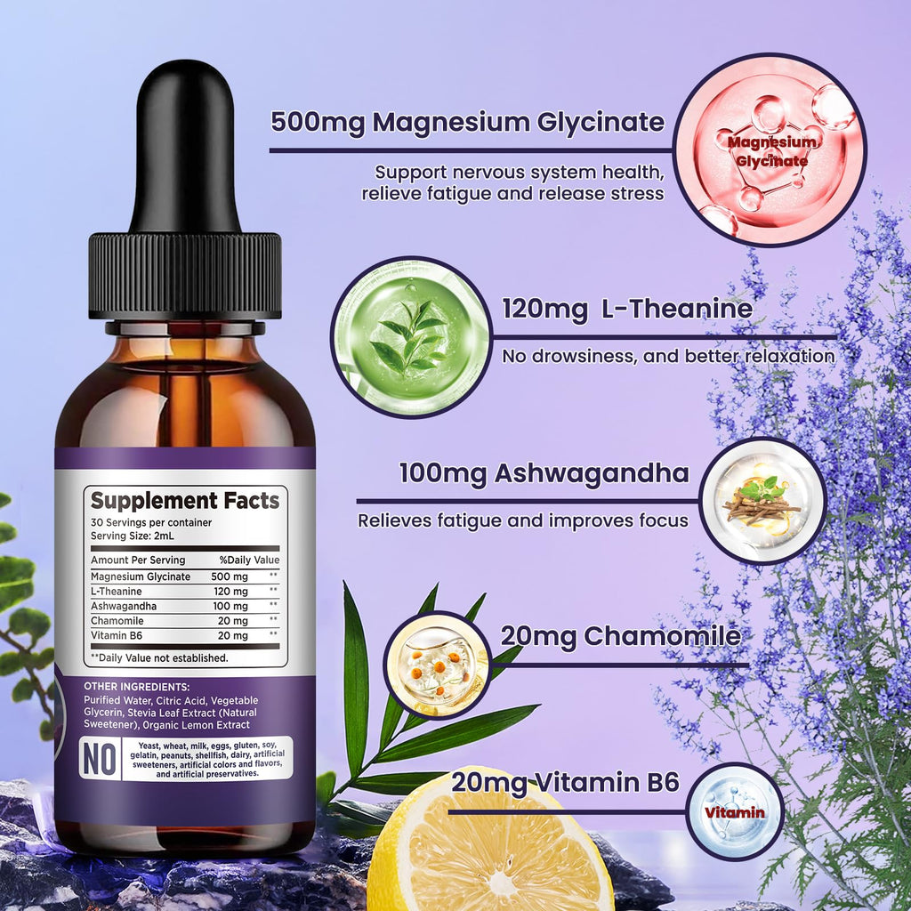 Magnesium Glycinate Supplement, Magnesium Liquid Drops with Magnesium Glycinate 500mg Vitamin B6, Ashwagandha, L - Theanine, Chamomile - TrustMedUSA