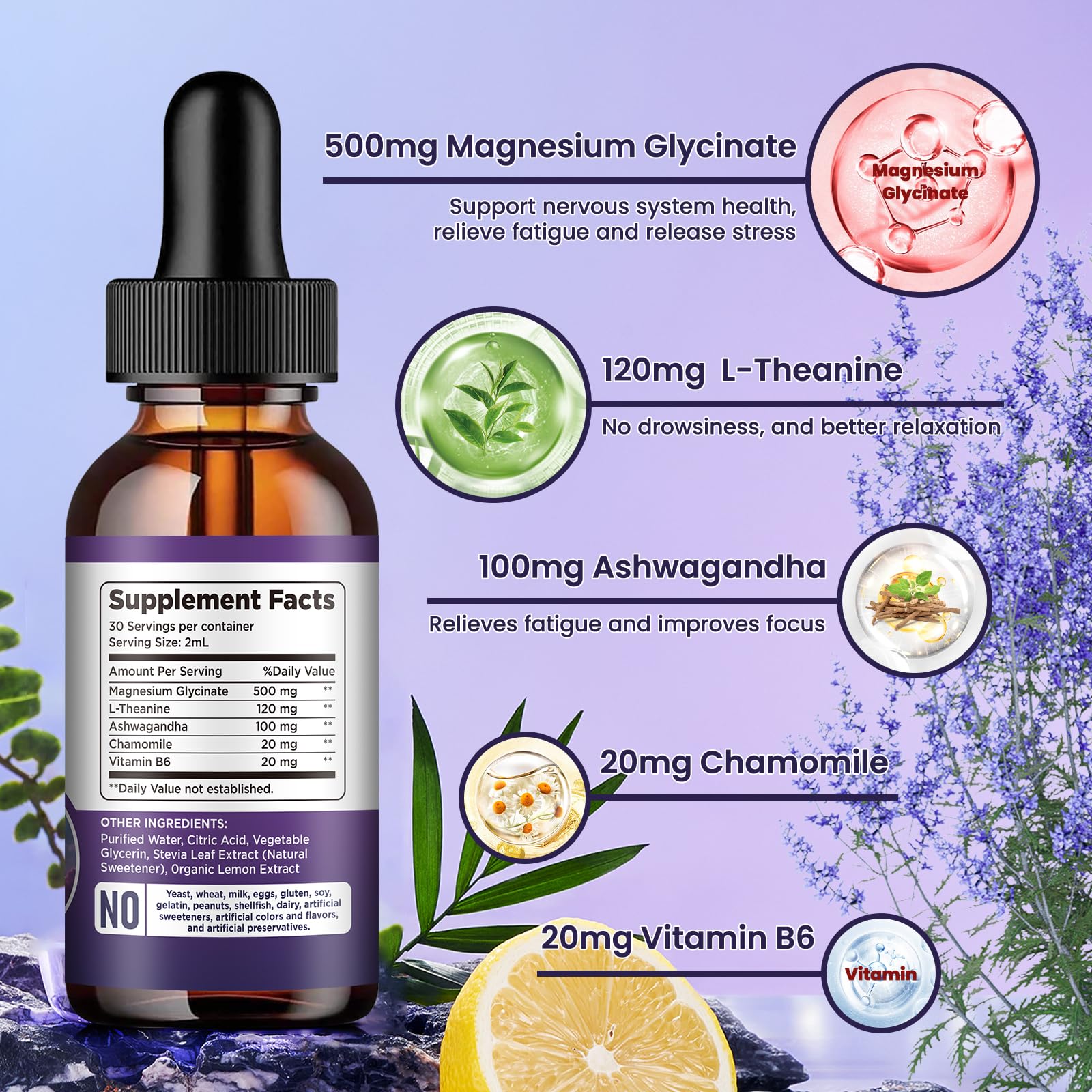 Magnesium Glycinate Supplement, Magnesium Liquid Drops with Magnesium Glycinate 500mg Vitamin B6, Ashwagandha, L - Theanine, Chamomile - TrustMedUSA