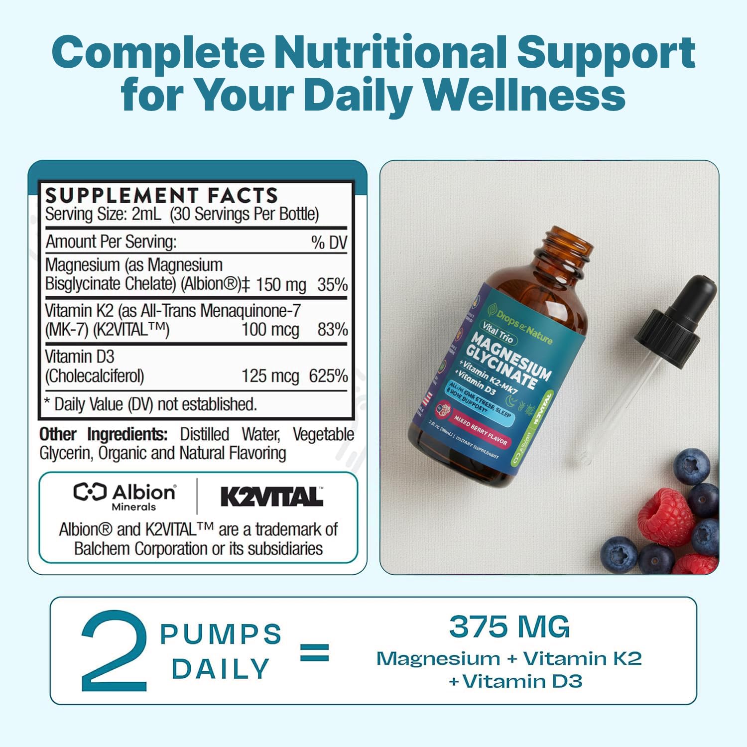 Magnesium Glycinate, Vitamin K2 & D3 Supplement – GMO-Free – VIT D MK7 K2 Vitamin Supplement & Magnesium Blend – with Nutrients for Bone Nutrition & Cardiovascular Function (Mixed Berry, 60 mL) - TrustMedUSA
