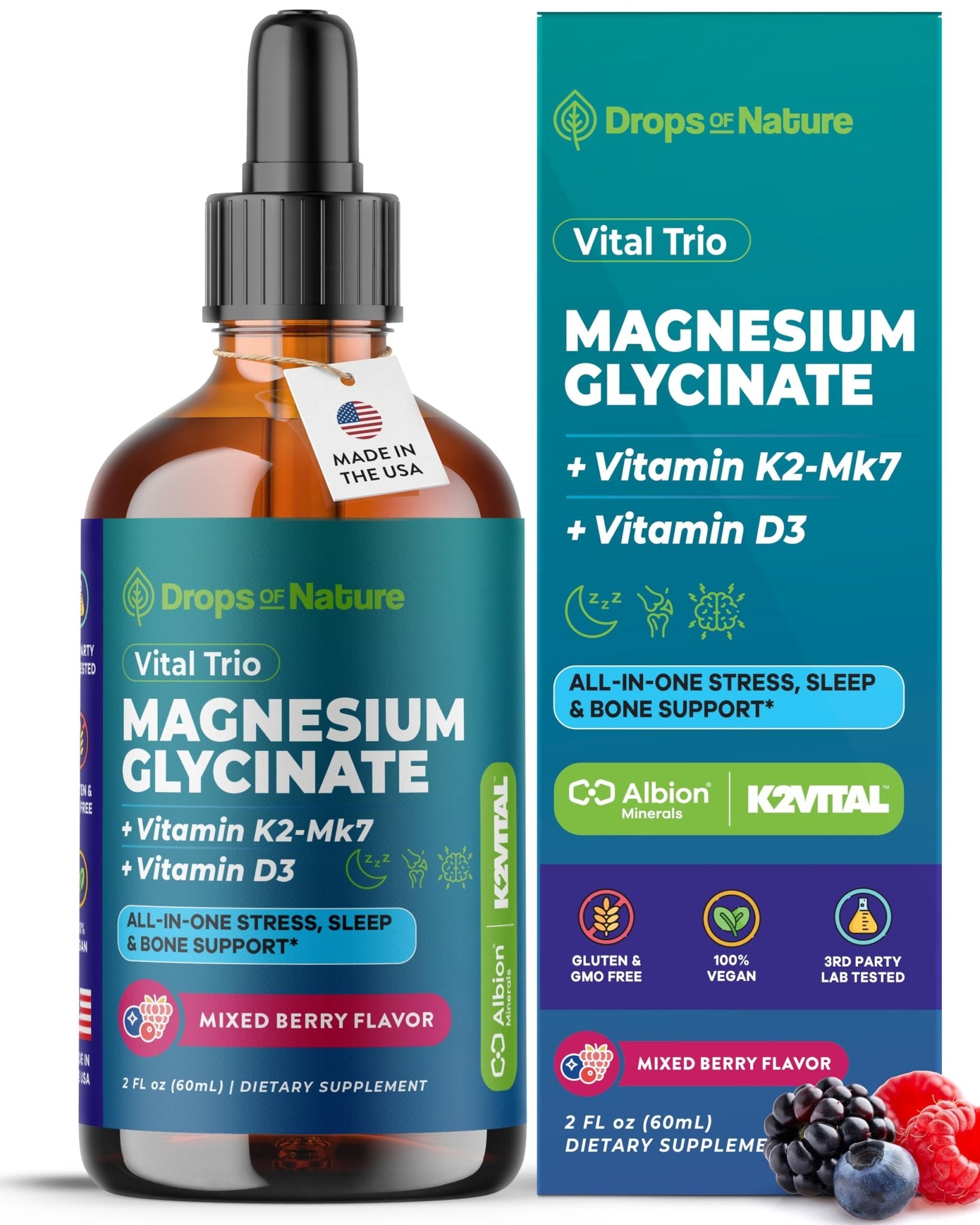 Magnesium Glycinate, Vitamin K2 & D3 Supplement – GMO-Free – VIT D MK7 K2 Vitamin Supplement & Magnesium Blend – with Nutrients for Bone Nutrition & Cardiovascular Function (Mixed Berry, 60 mL) - TrustMedUSA