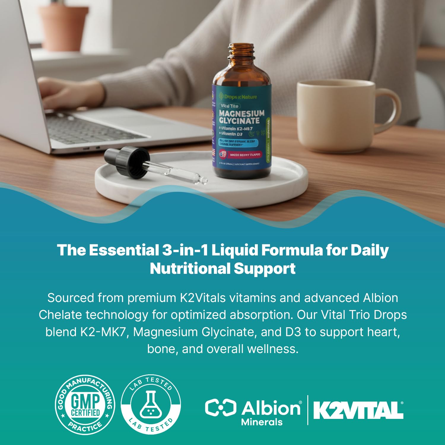 Magnesium Glycinate, Vitamin K2 & D3 Supplement – GMO-Free – VIT D MK7 K2 Vitamin Supplement & Magnesium Blend – with Nutrients for Bone Nutrition & Cardiovascular Function (Mixed Berry, 60 mL) - TrustMedUSA