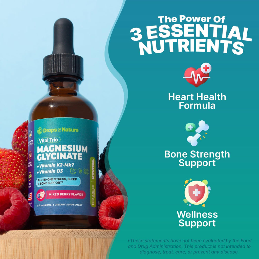 Magnesium Glycinate, Vitamin K2 & D3 Supplement – GMO-Free – VIT D MK7 K2 Vitamin Supplement & Magnesium Blend – with Nutrients for Bone Nutrition & Cardiovascular Function (Mixed Berry, 60 mL) - TrustMedUSA