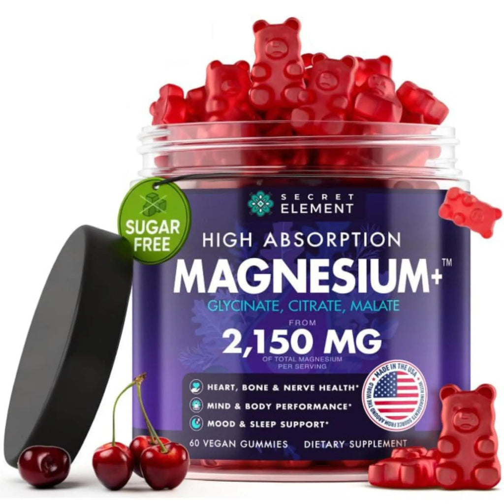 Magnesium Gummies 3in1 - Glycinate, Citrat, Malate 2150 MG High Absorption Supplement, Sugar-Free, Vegan, Chews for Men & Women, Inspired by Wellness Traditions Like Arjuna, 60 Gummies, Cherry Flavor - TrustMedUSA