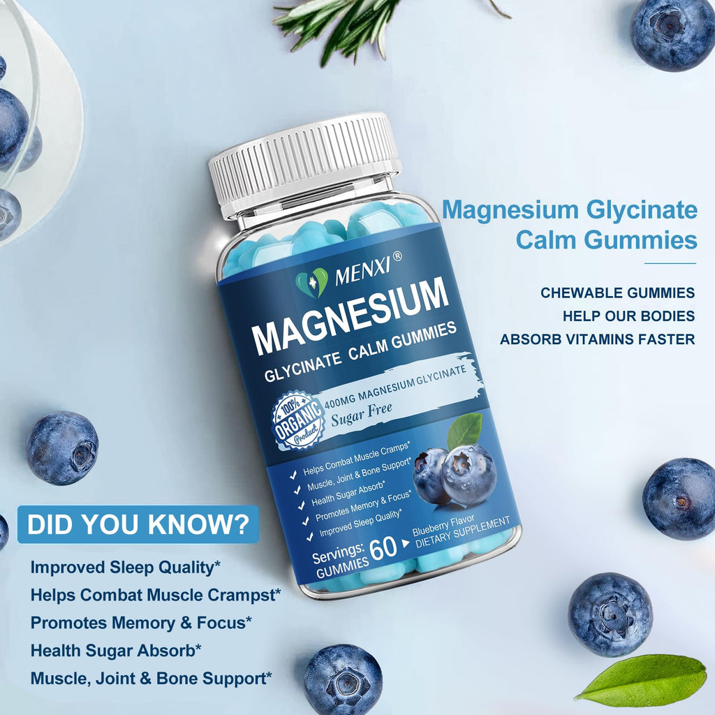Magnesium Gummies 600mg per Serving-Magnesium Glycinate 400mg and Magnesium Malate 200mg,Sugar Free Magnesium Potassium Supplement for Calm Mood, Muscle, Bone & Sleep Support,60 Blueberry Gummies - TrustMedUSA