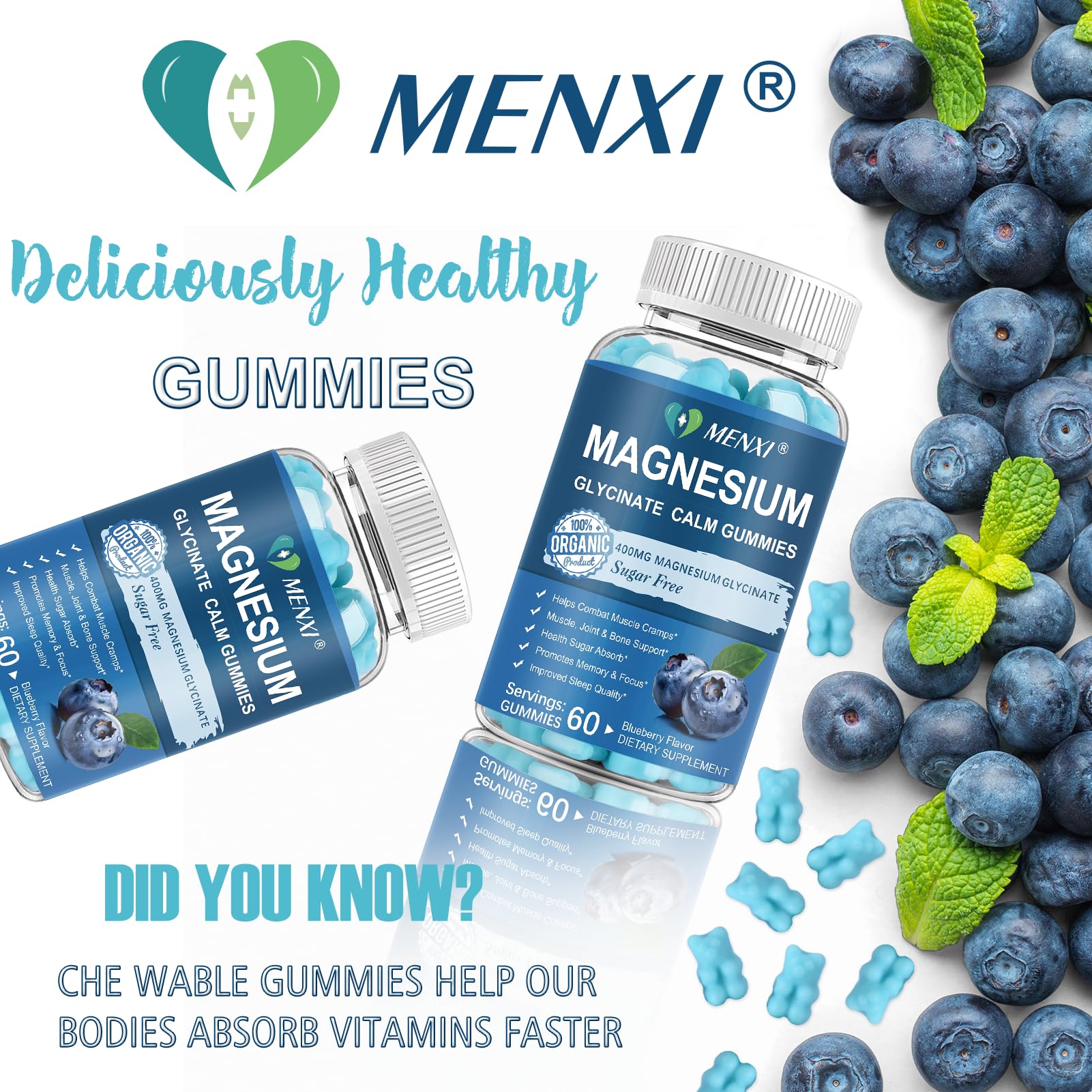 Magnesium Gummies 600mg per Serving-Magnesium Glycinate 400mg and Magnesium Malate 200mg,Sugar Free Magnesium Potassium Supplement for Calm Mood, Muscle, Bone & Sleep Support,60 Blueberry Gummies - TrustMedUSA