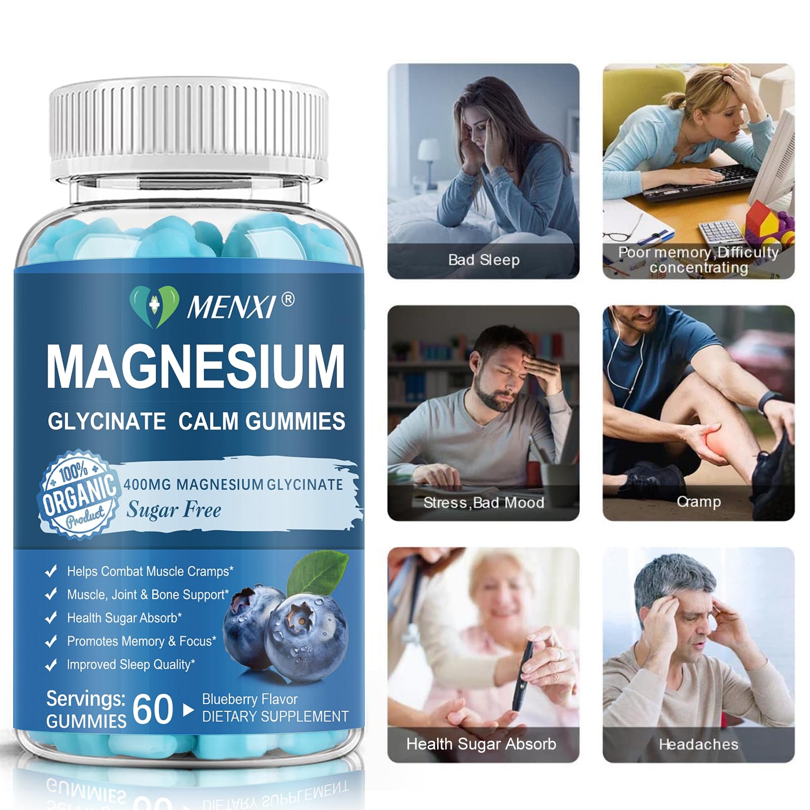 Magnesium Gummies 600mg per Serving-Magnesium Glycinate 400mg and Magnesium Malate 200mg,Sugar Free Magnesium Potassium Supplement for Calm Mood, Muscle, Bone & Sleep Support,60 Blueberry Gummies - TrustMedUSA