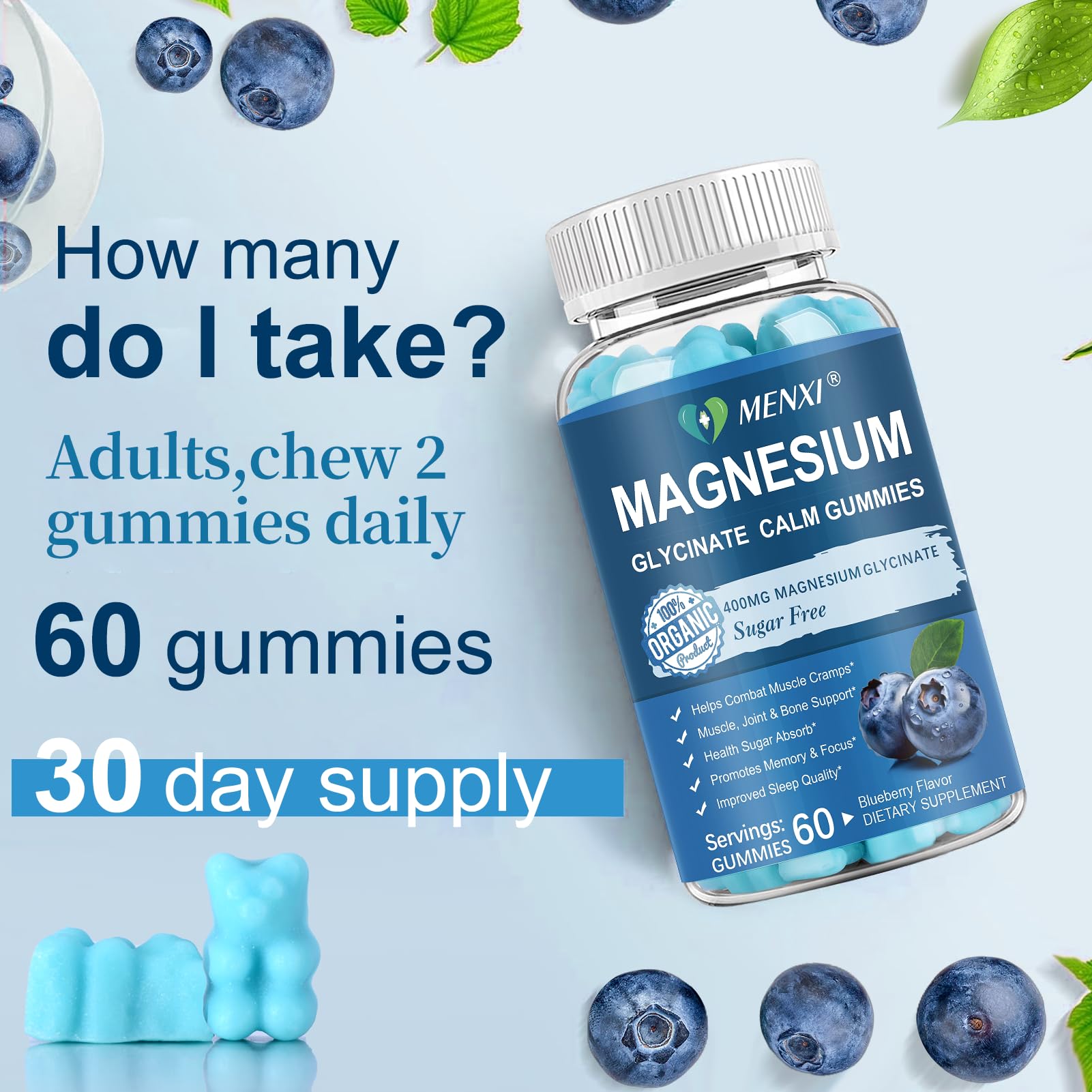 Magnesium Gummies 600mg per Serving-Magnesium Glycinate 400mg and Magnesium Malate 200mg,Sugar Free Magnesium Potassium Supplement for Calm Mood, Muscle, Bone & Sleep Support,60 Blueberry Gummies - TrustMedUSA