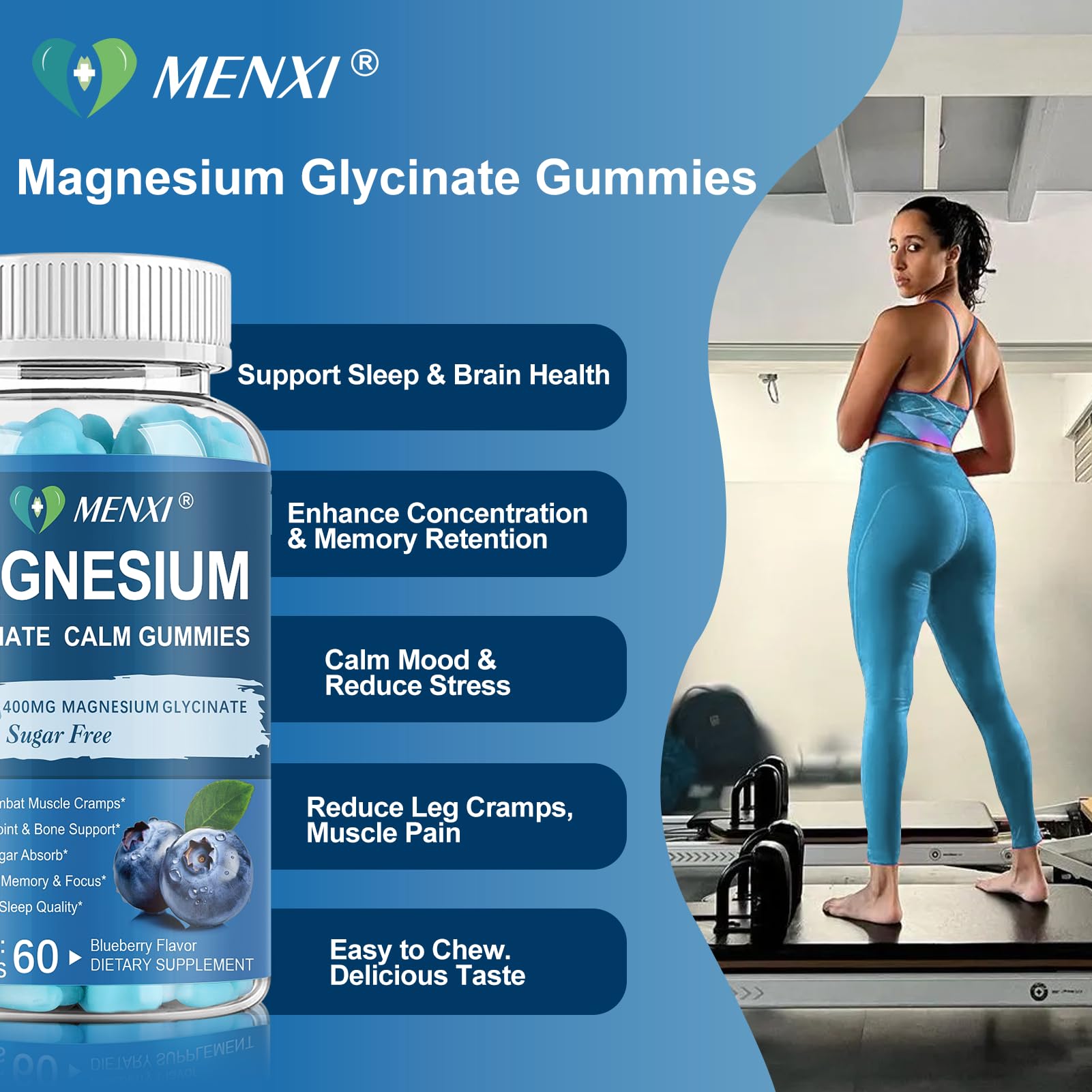 Magnesium Gummies 600mg per Serving-Magnesium Glycinate 400mg and Magnesium Malate 200mg,Sugar Free Magnesium Potassium Supplement for Calm Mood, Muscle, Bone & Sleep Support,60 Blueberry Gummies - TrustMedUSA