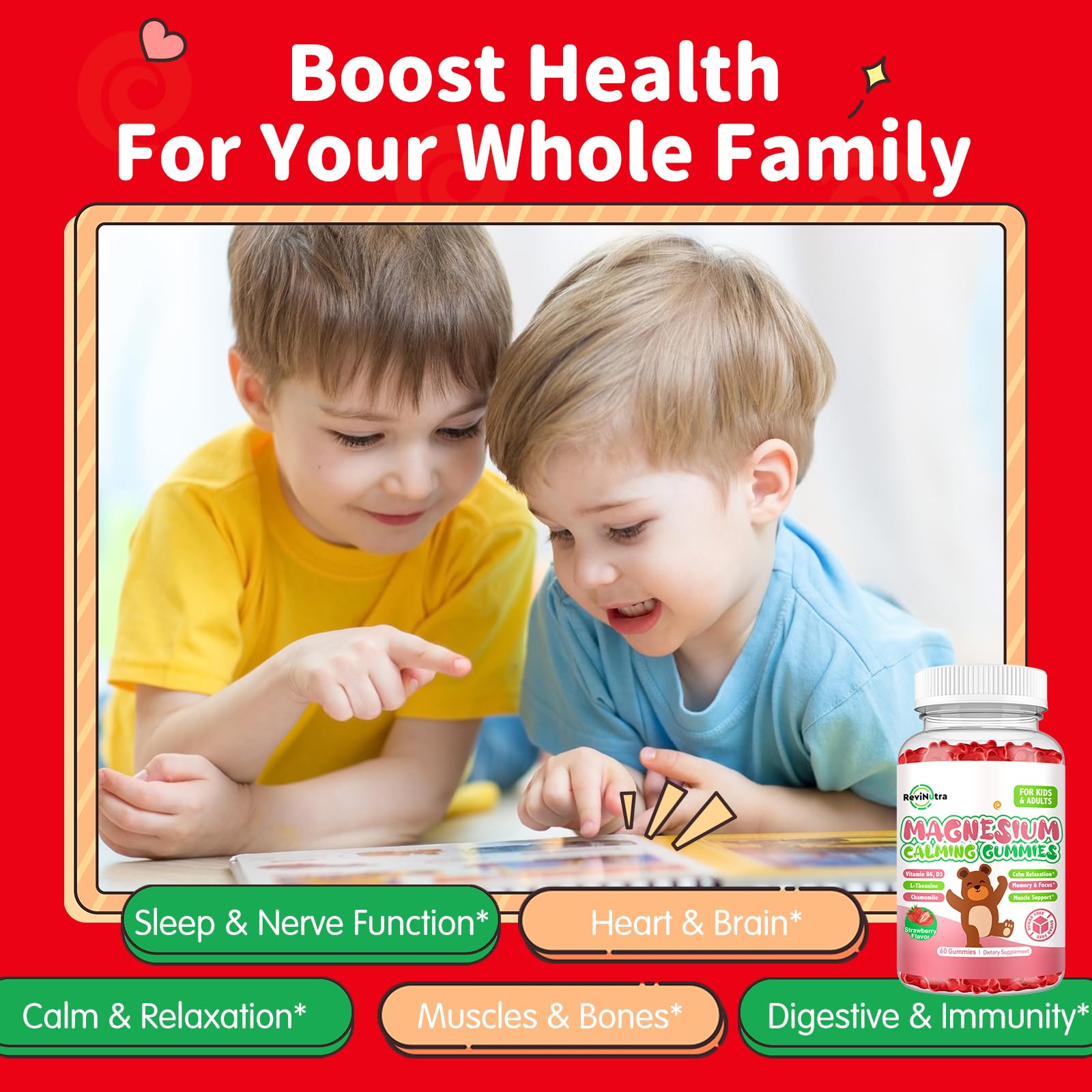 Magnesium Gummies for Kids - Magnesium Glycinate Gummies Supplement with L-Theanine, Vitamin B6, D3 for Kids & Adults Sleep, Calm, Relaxation, Brain, Bones, Sugar Free Strawberry 60ct - TrustMedUSA