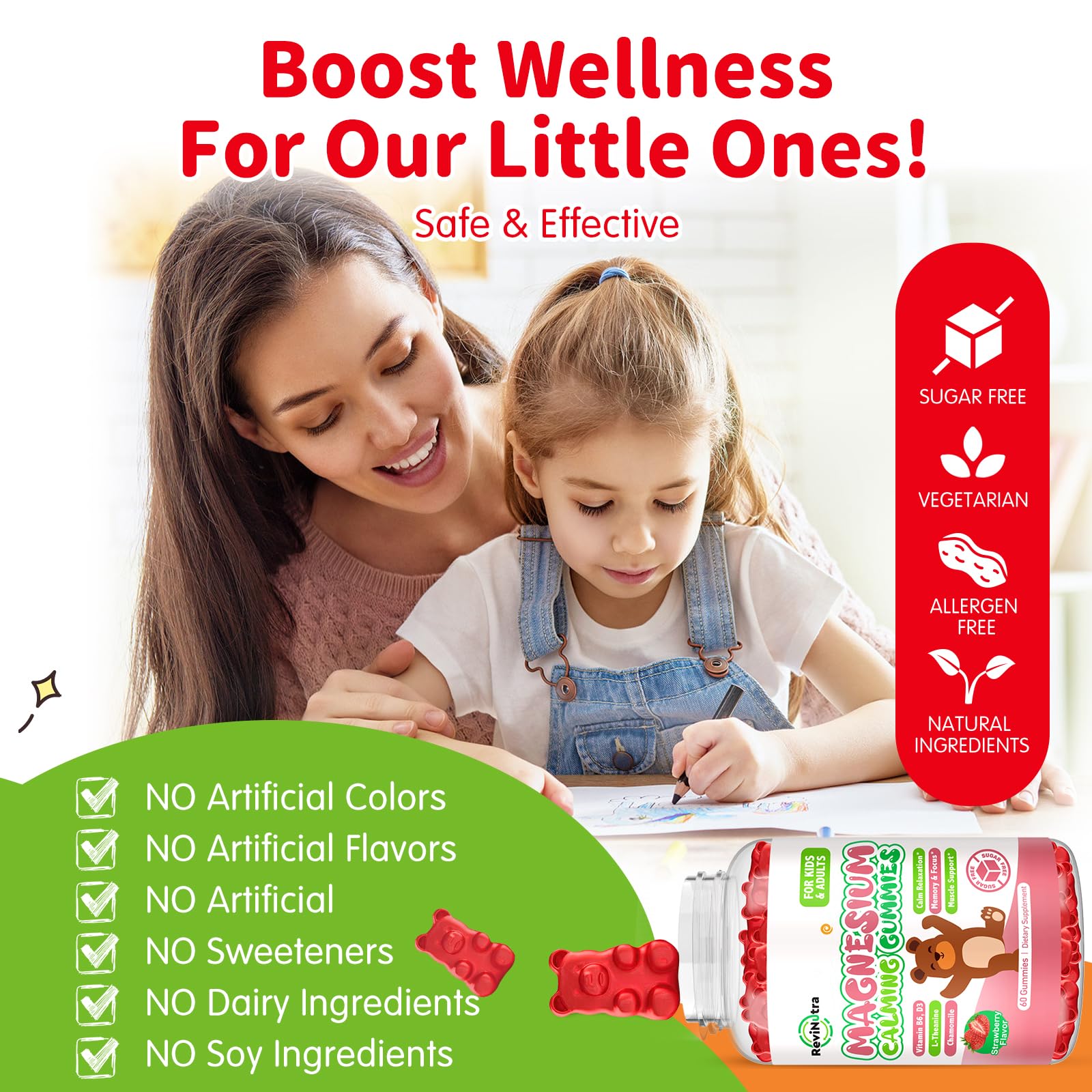 Magnesium Gummies for Kids - Magnesium Glycinate Gummies Supplement with L-Theanine, Vitamin B6, D3 for Kids & Adults Sleep, Calm, Relaxation, Brain, Bones, Sugar Free Strawberry 60ct - TrustMedUSA