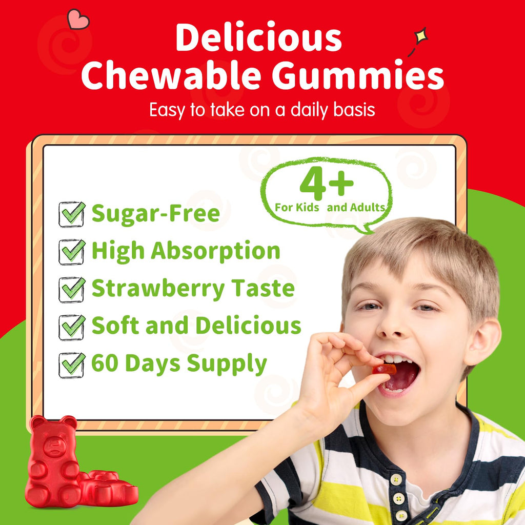 Magnesium Gummies for Kids - Magnesium Glycinate Gummies Supplement with L-Theanine, Vitamin B6, D3 for Kids & Adults Sleep, Calm, Relaxation, Brain, Bones, Sugar Free Strawberry 60ct - TrustMedUSA