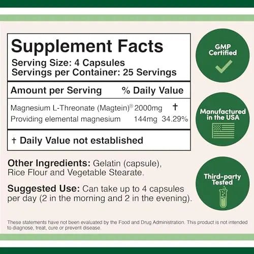 Magnesium L Threonate Capsules (Magtein) – High Absorption Supplement – Bioavailable - TrustMedUSA