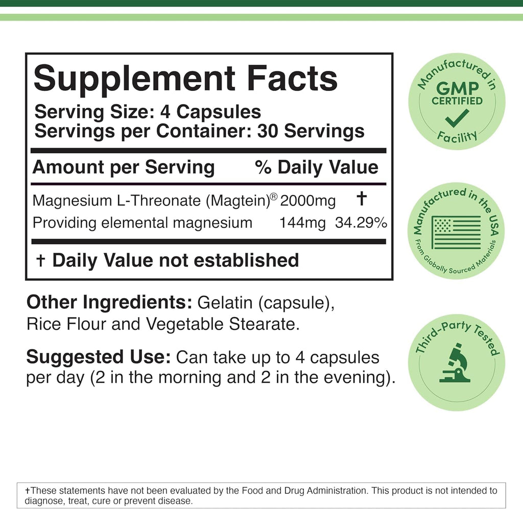 Magnesium L Threonate, Magtein - NSF Certified - Sleep and Cognitive Support – High Absorption - TrustMedUSA