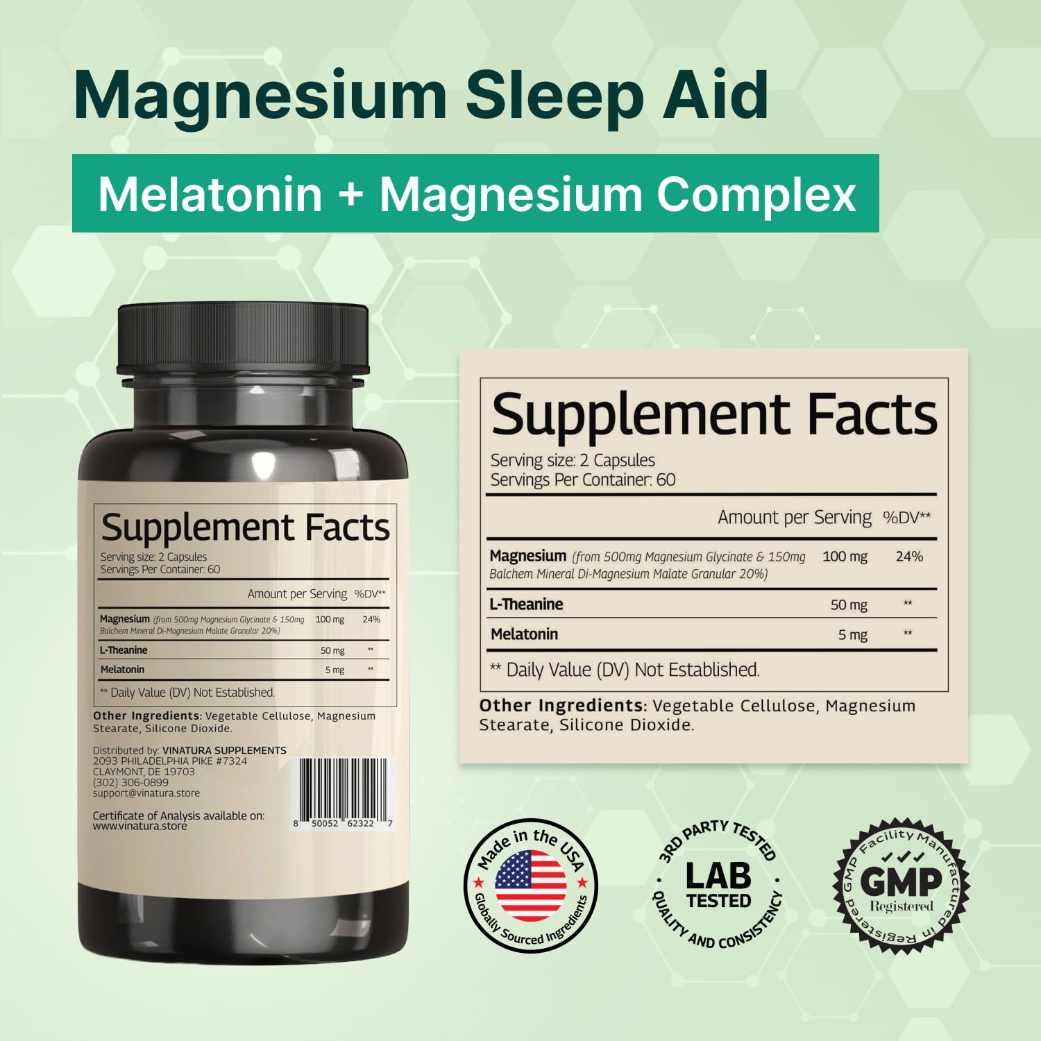 Magnesium Sleep Aid - Magnesium Glycinate Complex for Sleep with Melatonin Supplement - Glycinate 500mg, L-Theanine - 120 Capsules - TrustMedUSA