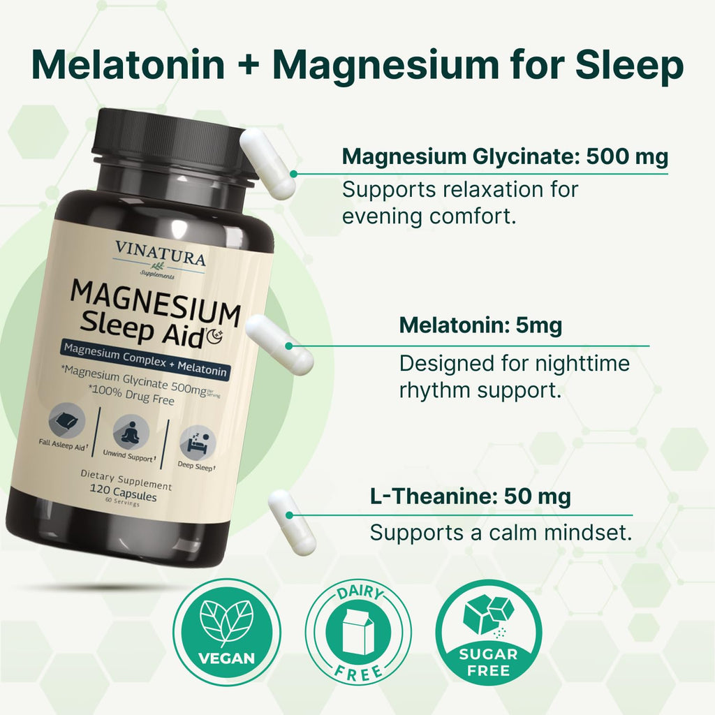 Magnesium Sleep Aid - Magnesium Glycinate Complex for Sleep with Melatonin Supplement - Glycinate 500mg, L-Theanine - 120 Capsules - TrustMedUSA