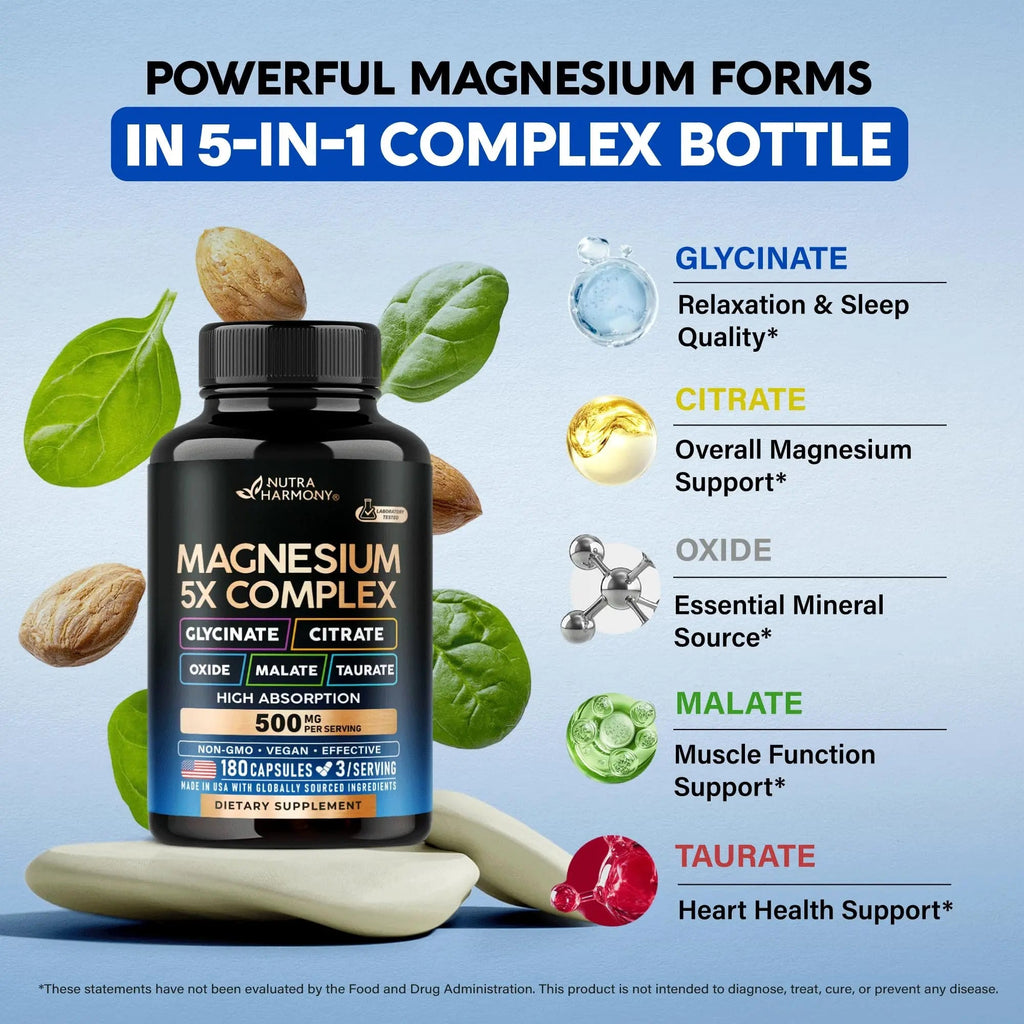 Magnesium Supplement - 5 in 1 Complex | Glycinate | Citrate | Malate | Taurate | Oxide - Made in USA - Stress, Muscle & Heart Support - Vegan, Natural, Non-GMO - 180 Capsules, 2 Month Supply - TrustMedUSA