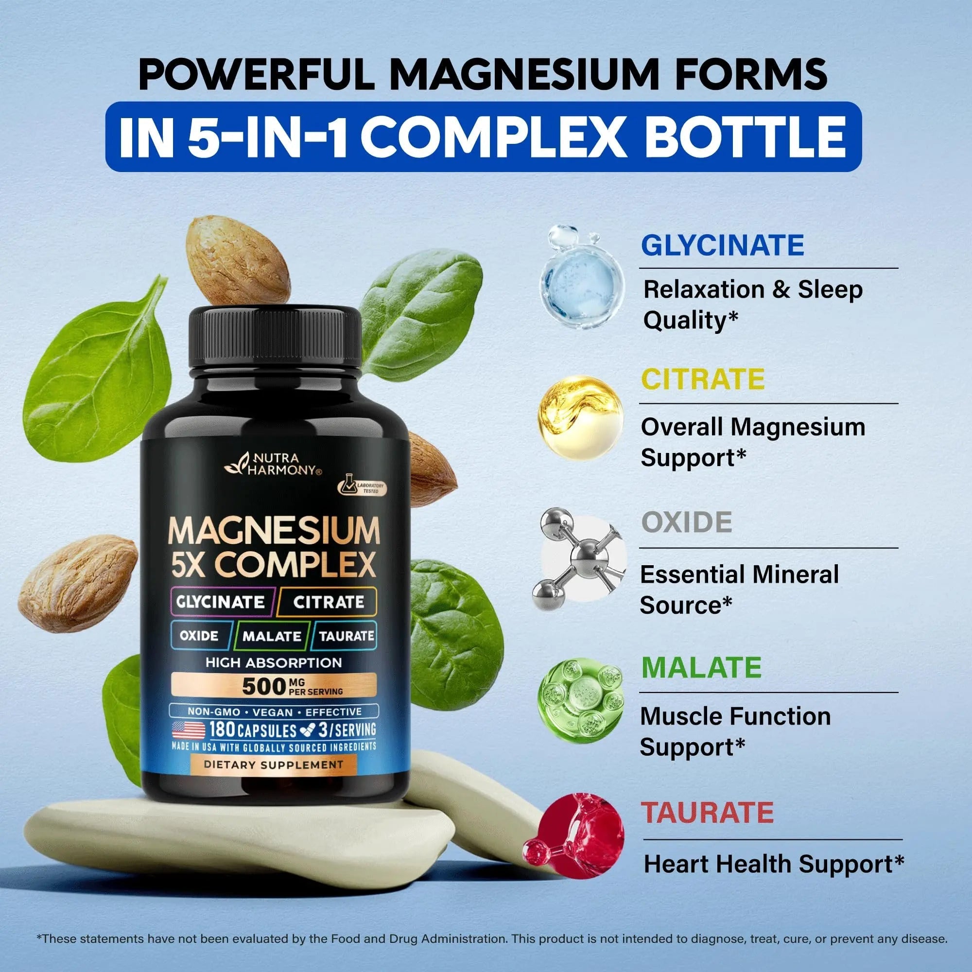 Magnesium Supplement - 5 in 1 Complex | Glycinate | Citrate | Malate | Taurate | Oxide - Made in USA - Stress, Muscle & Heart Support - Vegan, Natural, Non-GMO - 180 Capsules, 2 Month Supply - TrustMedUSA
