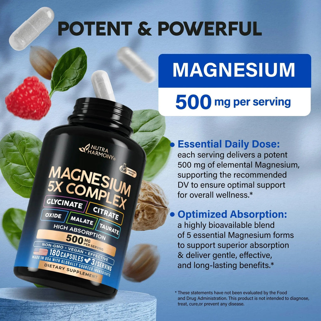 Magnesium Supplement - 5 in 1 Complex | Glycinate | Citrate | Malate | Taurate | Oxide - Made in USA - Stress, Muscle & Heart Support - Vegan, Natural, Non-GMO - 180 Capsules, 2 Month Supply - TrustMedUSA