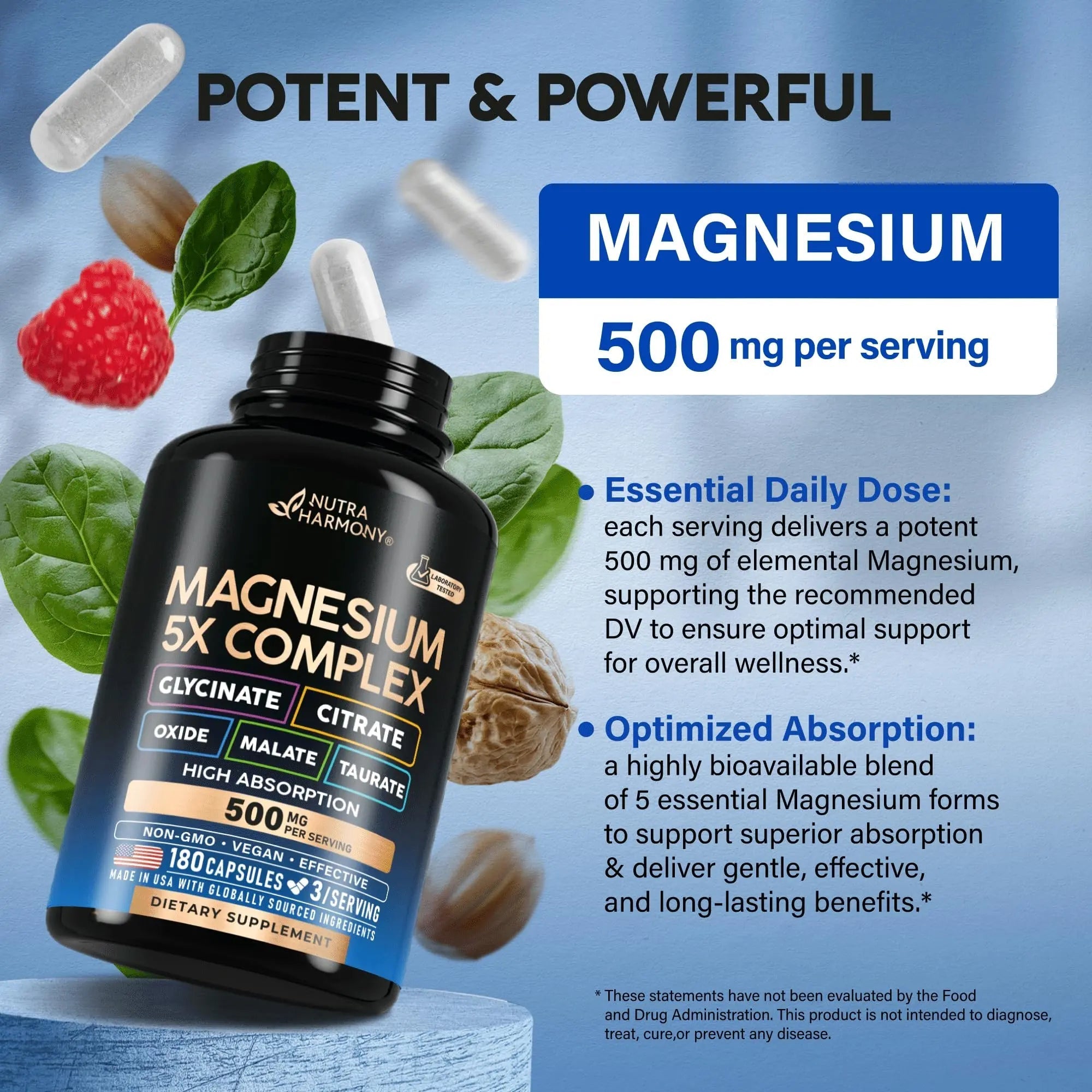 Magnesium Supplement - 5 in 1 Complex | Glycinate | Citrate | Malate | Taurate | Oxide - Made in USA - Stress, Muscle & Heart Support - Vegan, Natural, Non-GMO - 180 Capsules, 2 Month Supply - TrustMedUSA
