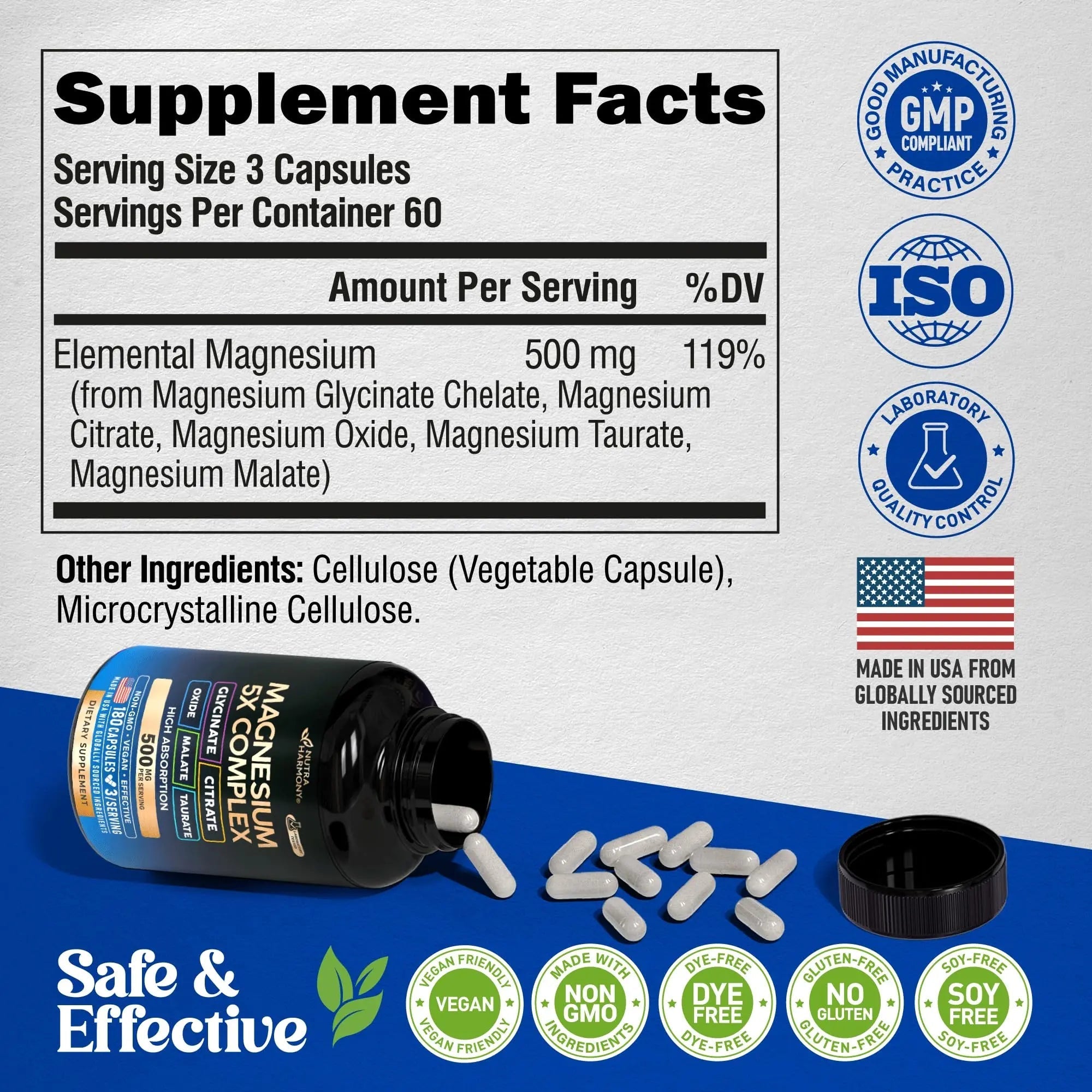Magnesium Supplement - 5 in 1 Complex | Glycinate | Citrate | Malate | Taurate | Oxide - Made in USA - Stress, Muscle & Heart Support - Vegan, Natural, Non-GMO - 180 Capsules, 2 Month Supply - TrustMedUSA