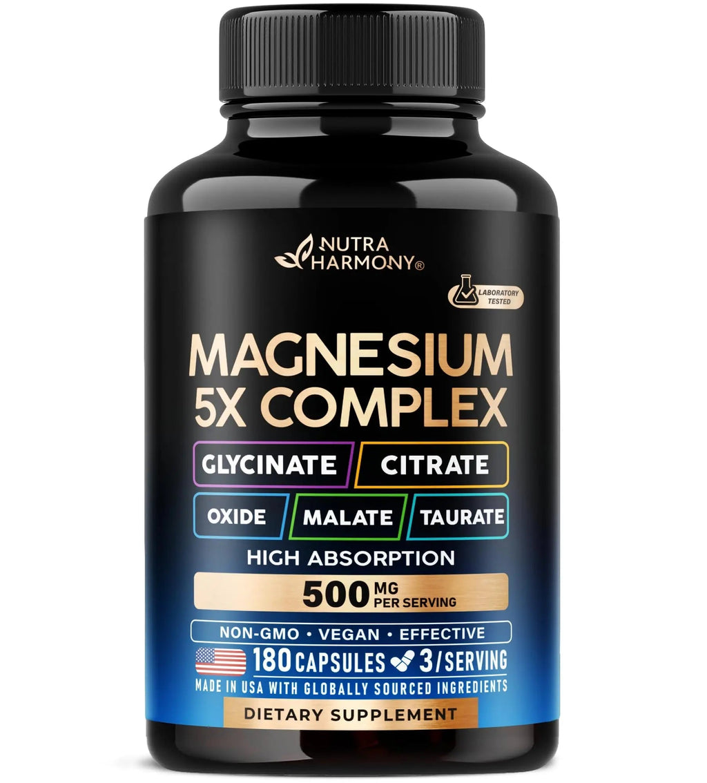 Magnesium Supplement - 5 in 1 Complex | Glycinate | Citrate | Malate | Taurate | Oxide - Made in USA - Stress, Muscle & Heart Support - Vegan, Natural, Non-GMO - 180 Capsules, 2 Month Supply - TrustMedUSA