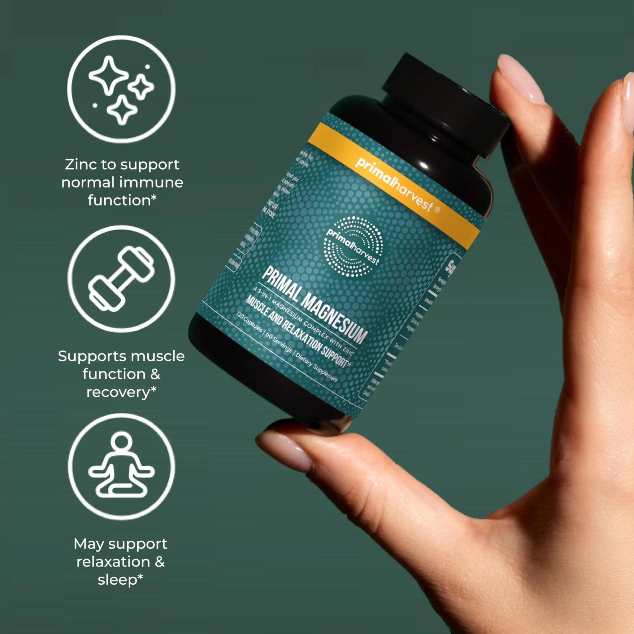 Magnesium Supplement Complex 310mg by Primal Harvest with Magnesium Glycinate, Citrate, Malate, and Zinc 120 Capsules - TrustMedUSA