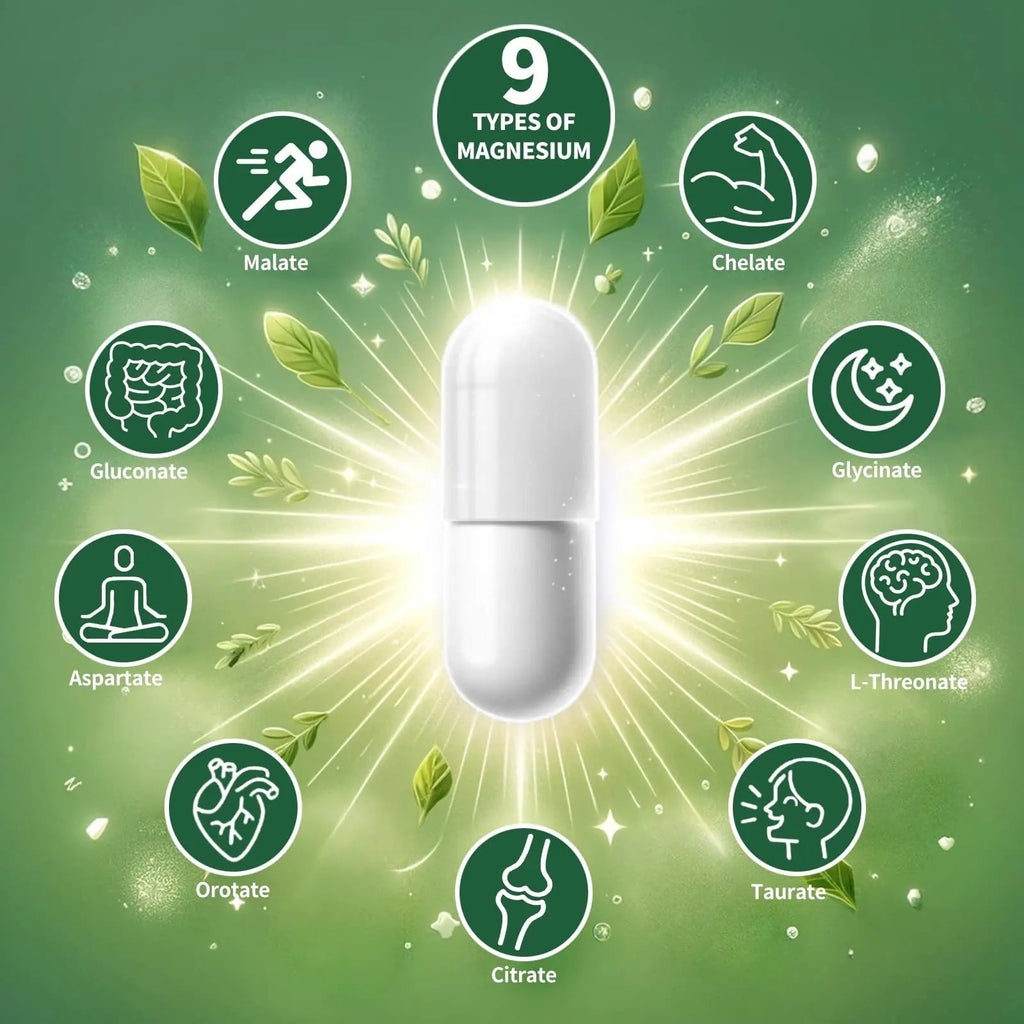 Magnesium Supplement with 9 Forms of High Absorption Magnesium Glycinate, L-threonate, Citrate, Malate and More for Muscle, Brain Support, Non-GMO, Gluten & Soy Free, 60 Capsules - TrustMedUSA