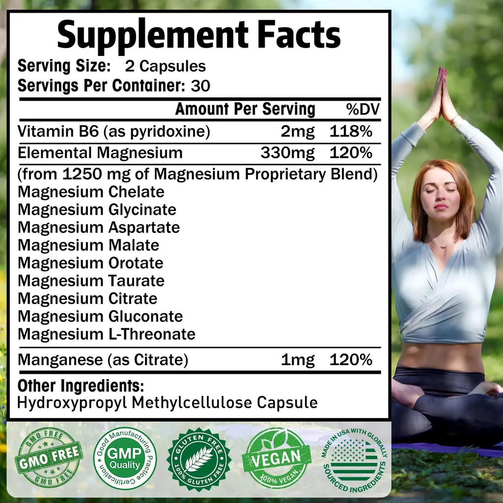 Magnesium Supplement with 9 Forms of High Absorption Magnesium Glycinate, L-threonate, Citrate, Malate and More for Muscle, Brain Support, Non-GMO, Gluten & Soy Free, 60 Capsules - TrustMedUSA