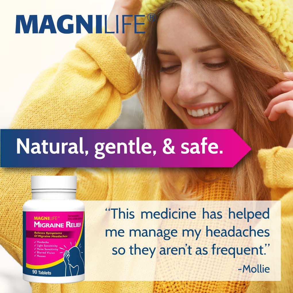 MagniLife Migraine Relief, Non-Habit Forming, 90 Homeopathic Tablets, Migraine Medicine for Light & Sound Sensitivity, Nausea, Blurred Vision & Pressure, Quick-Dissolve Headache Pain Relief - TrustMedUSA