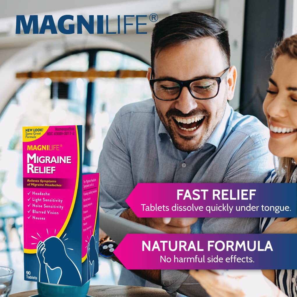 MagniLife Migraine Relief, Non-Habit Forming, 90 Homeopathic Tablets, Migraine Medicine for Light & Sound Sensitivity, Nausea, Blurred Vision & Pressure, Quick-Dissolve Headache Pain Relief - TrustMedUSA