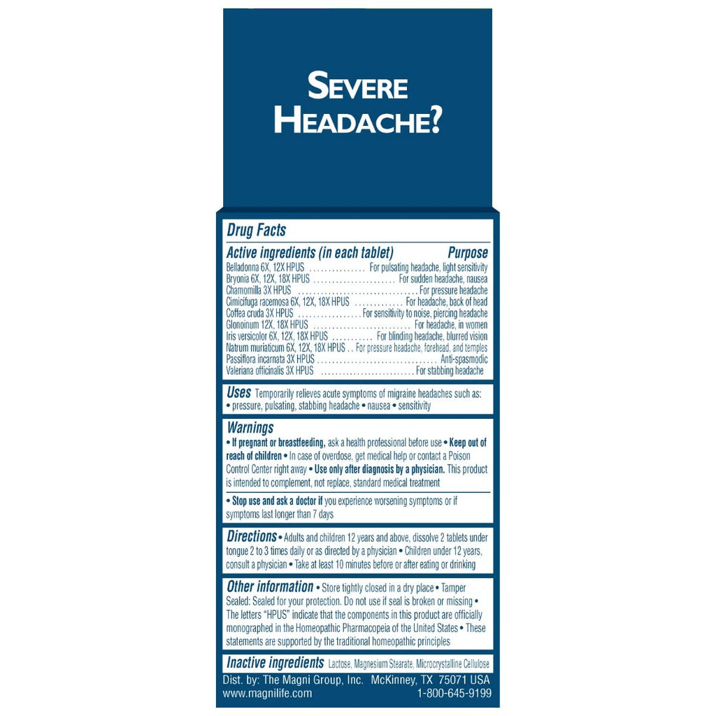 MagniLife Migraine Relief, Non-Habit Forming, 90 Homeopathic Tablets, Migraine Medicine for Light & Sound Sensitivity, Nausea, Blurred Vision & Pressure, Quick-Dissolve Headache Pain Relief - TrustMedUSA