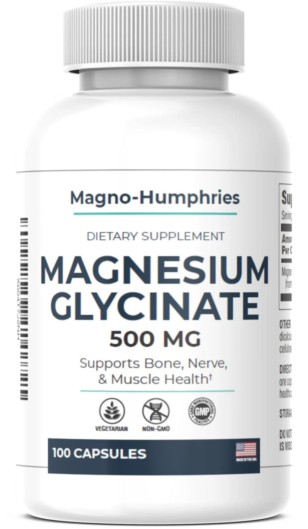 Magno-Humphries Magnesium Glycinate 500 mg - 100 Capsules | Gentle Chelated Form | Muscle, Nerve & Bone Support | Dietary Supplement | GMP Manufactured in The USA - TrustMedUSA