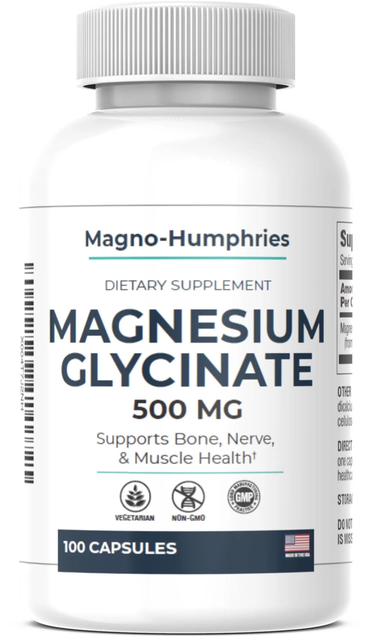 Magno-Humphries Magnesium Glycinate 500 mg - 100 Capsules | Gentle Chelated Form | Muscle, Nerve & Bone Support | Dietary Supplement | GMP Manufactured in The USA - TrustMedUSA