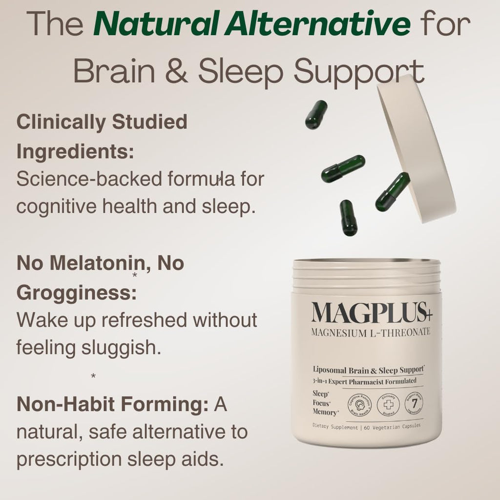 MAGPLUS+ Magnesium L-Threonate w Apigenin & L Theanine | 7-Ingredient Sleep Blend | Brain, Memory, & Sleep Support | Liposomal Magnesium Threonate Supplement (60 Capsules) - TrustMedUSA