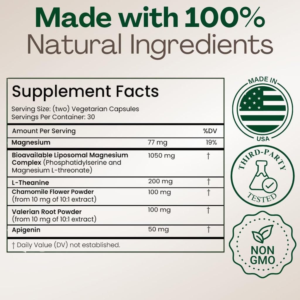 MAGPLUS+ Magnesium L-Threonate w Apigenin & L Theanine | 7-Ingredient Sleep Blend | Brain, Memory, & Sleep Support | Liposomal Magnesium Threonate Supplement (60 Capsules) - TrustMedUSA