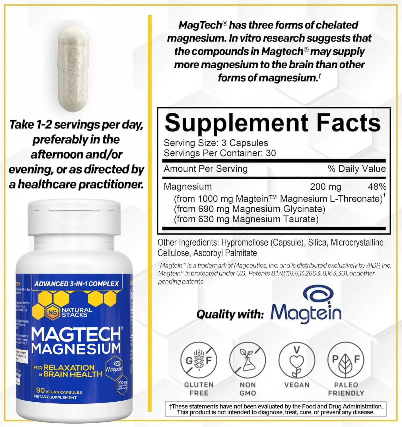 MagTech Magnesium Complex for Women & Men - 3 Forms of Magnesium: Glycinate, Magtein L-Threonate & Taurate - 200mg Chelated Complex - TrustMedUSA