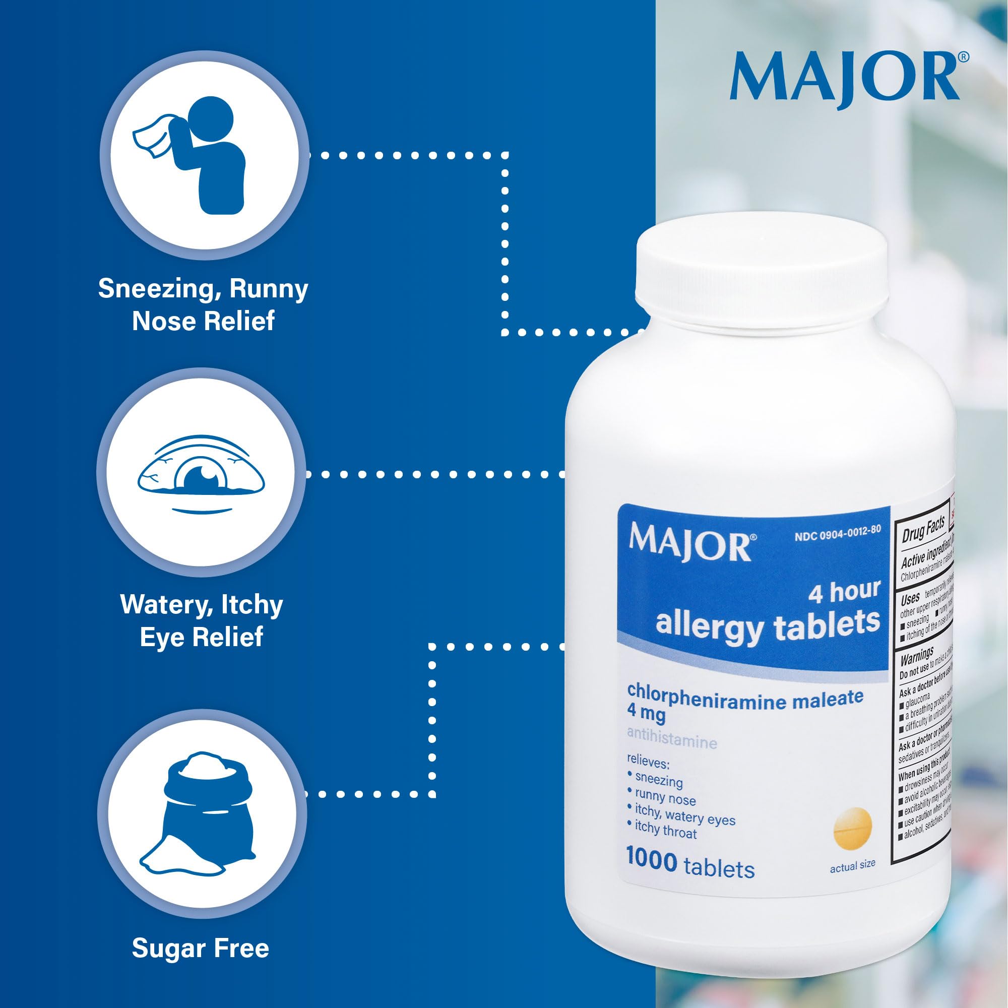MAJOR 4 Hour Allergy Tablets - Chlorpheniramine Maleate - 4 mg - Antihistamine - 1000 Count (1 Pack) - Maple Wellness Supplements