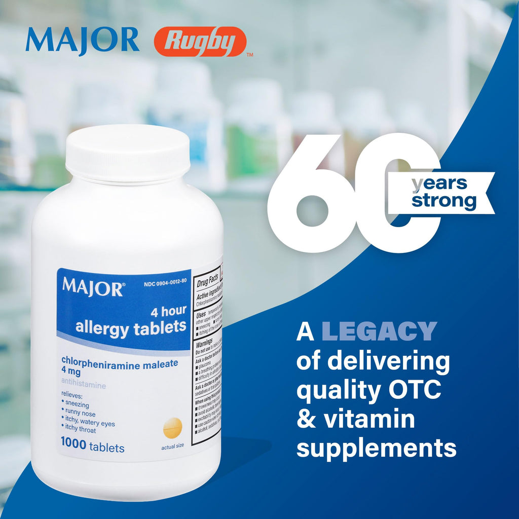 MAJOR 4 Hour Allergy Tablets - Chlorpheniramine Maleate - 4 mg - Antihistamine - 1000 Count (1 Pack) - Maple Wellness Supplements