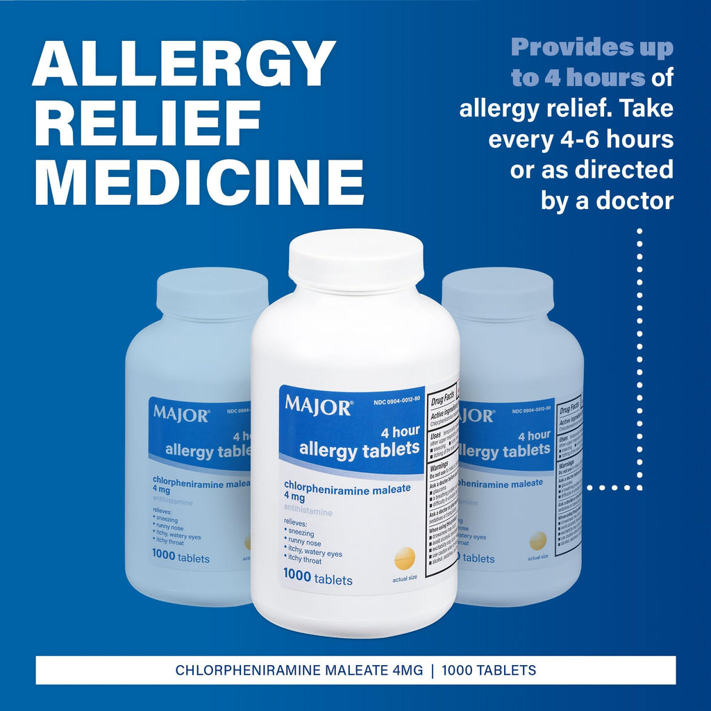 MAJOR 4 Hour Allergy Tablets - Chlorpheniramine Maleate - 4 mg - Antihistamine - 1000 Count (1 Pack) - Maple Wellness Supplements