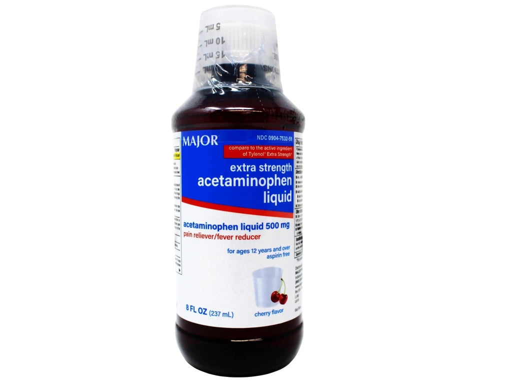 MAJOR Adult Extra Strength Liquid Acetaminophen - 500 mg Acetaminophen/15 mL Dose - Pain Reliever and Fever Reducer - Cherry Flavor - 8 Fl Oz - TrustMedUSA