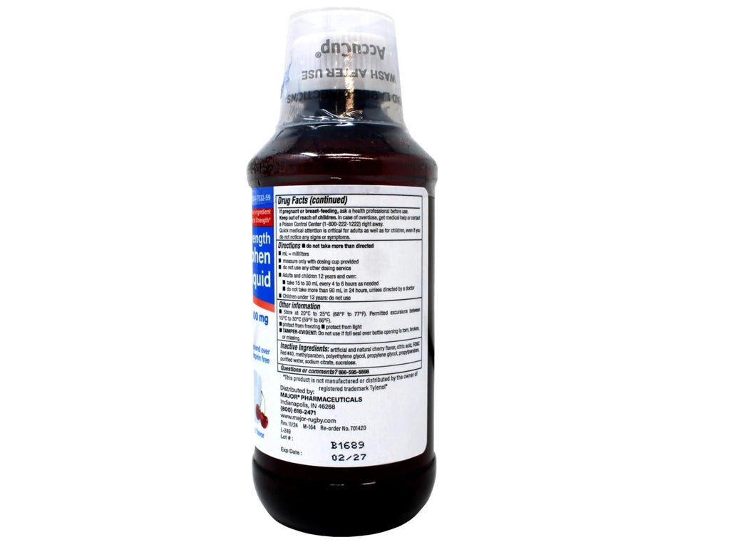MAJOR Adult Extra Strength Liquid Acetaminophen - 500 mg Acetaminophen/15 mL Dose - Pain Reliever and Fever Reducer - Cherry Flavor - 8 Fl Oz - TrustMedUSA