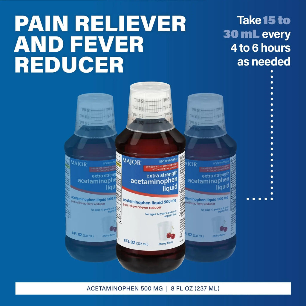 MAJOR Adult Extra Strength Liquid Acetaminophen 500mg - Helps Relieve Pain and Reduce Fevers - Aspirin Free - Cherry Flavor - 8 Fl Oz (2 Pack) - TrustMedUSA
